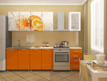 Кухонный гарнитур 1,6м Апельсин (Белый/Оранжевый металлик/Фотопечать апельсин) в Кочках - kochki.mebel54.com | фото