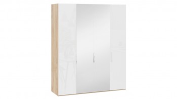 Шкаф комбинированный с 2 глухими и 2 зеркальными дверями «Эмбер» Яблоня Беллуно/Белый глянец в Кочках - kochki.mebel54.com | фото